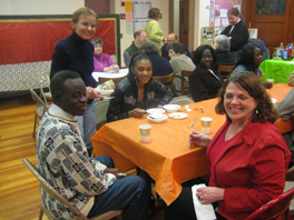 Yaw Acheampong, Dorthea Lusignan, Sheila Kumatey, and Sheryl Mason enjoy table fellowship during Tuesday Nights Together. Photo by David Watermulder.